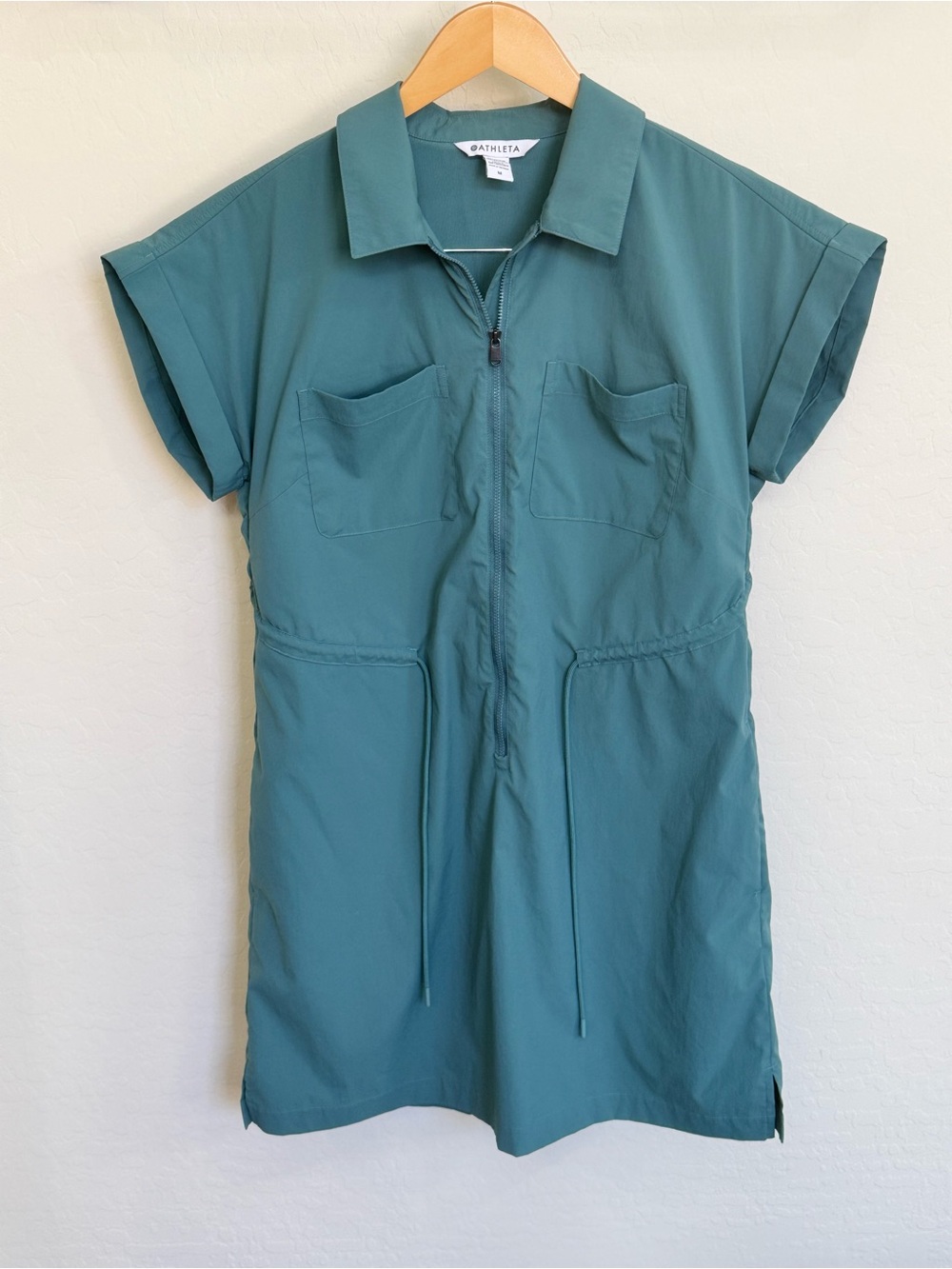 Athleta Topspin Zip Front Dress Utility Teal Green Drawstring Waist Size Medium